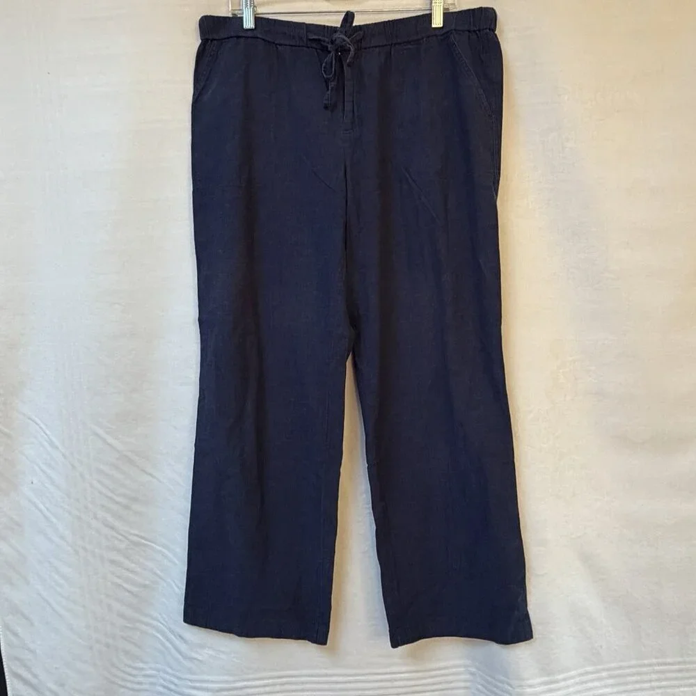 Liz Claiborne Pants Womens Large Blue Linen Cotton Elastic Waist Front Pockets